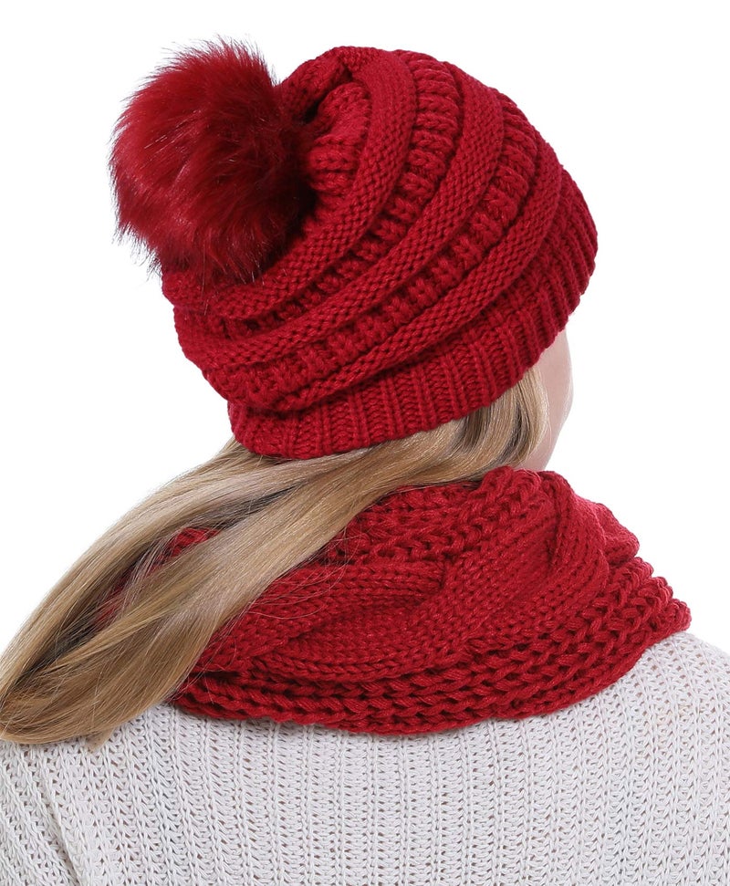 Double Couple Womens Scarf Beanie Hat with Faux Fur Ball Set Thick Winter Cable Knitted Circle Loop Infinity Scarfs for Women (Burgundy Pom Pom Set) - Image 3